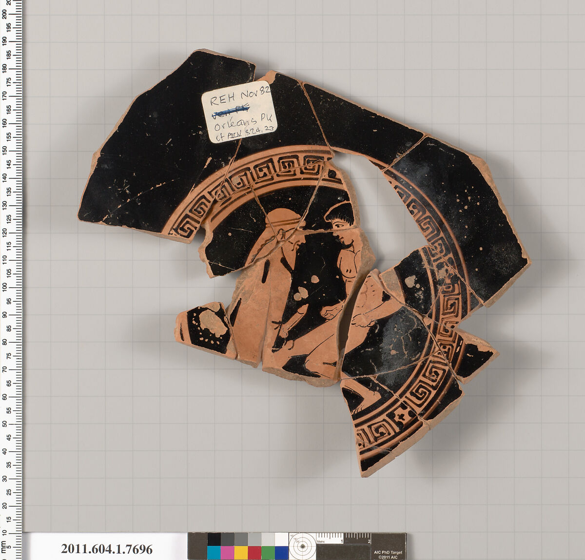 Terracotta fragment of a kylix (drinking cup), Attributed to the Orleans Painter [DvB], Terracotta, Greek, Attic 