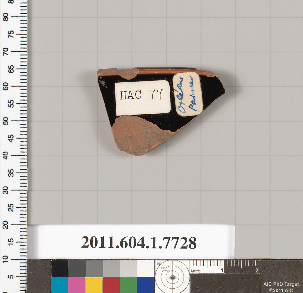 Terracotta rim fragment of a kylix (drinking cup), Attributed to the Orleans Painter [DvB], Terracotta, Greek, Attic