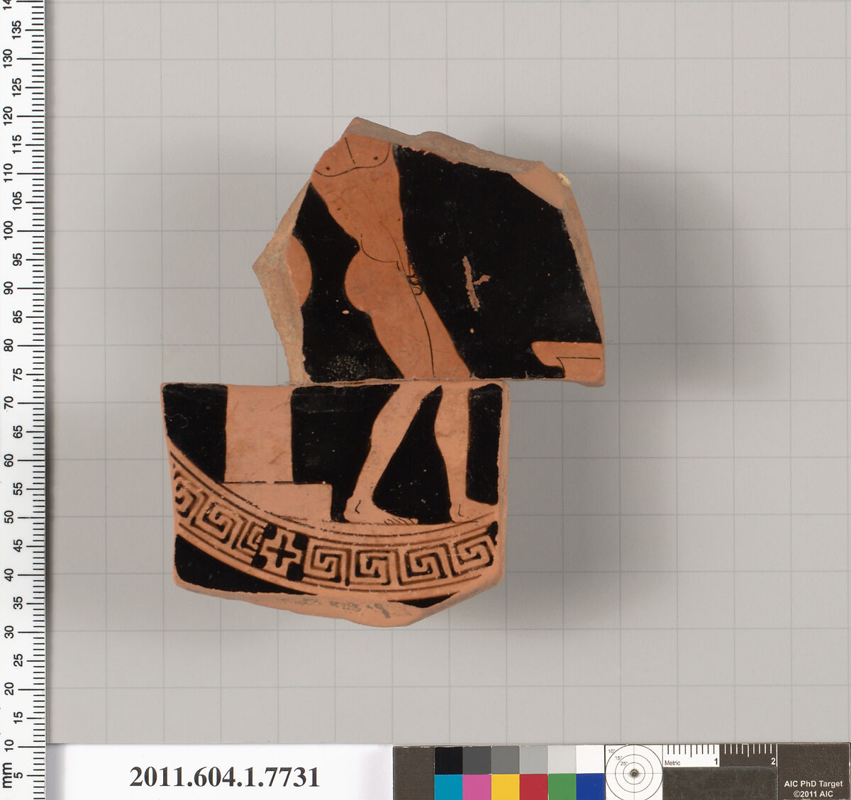Terracotta fragment of a kylix (drinking cup), Attributed to the Orleans Painter [DvB], Terracotta, Greek, Attic 