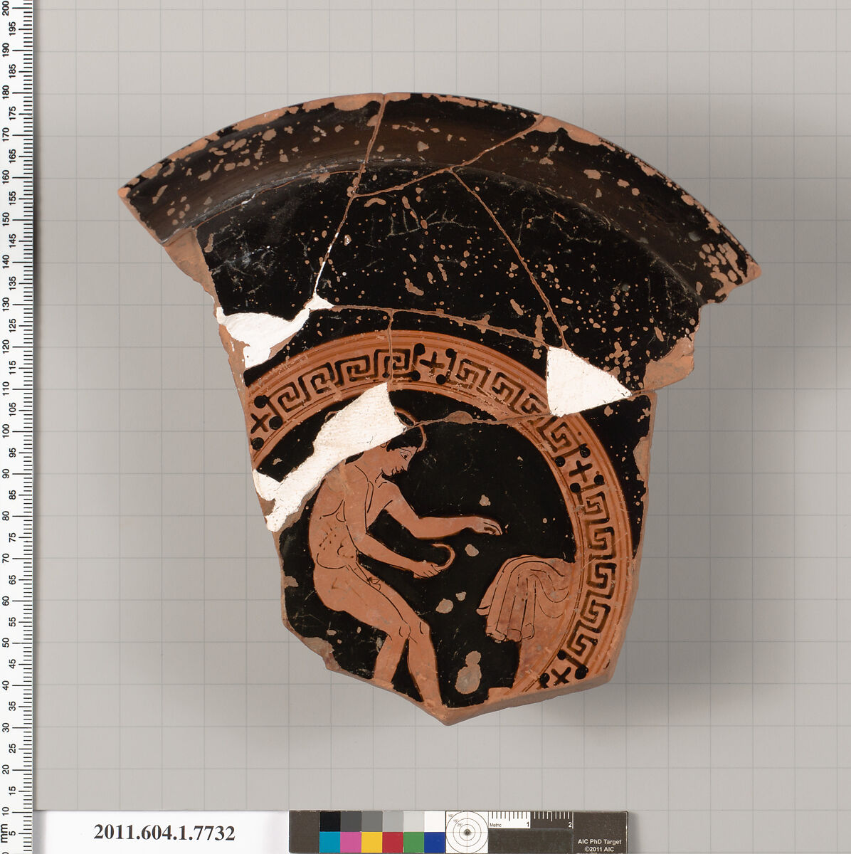 Terracotta fragment of a kylix (drinking cup), Attributed to the Orleans Painter [DvB], Terracotta, Greek, Attic 