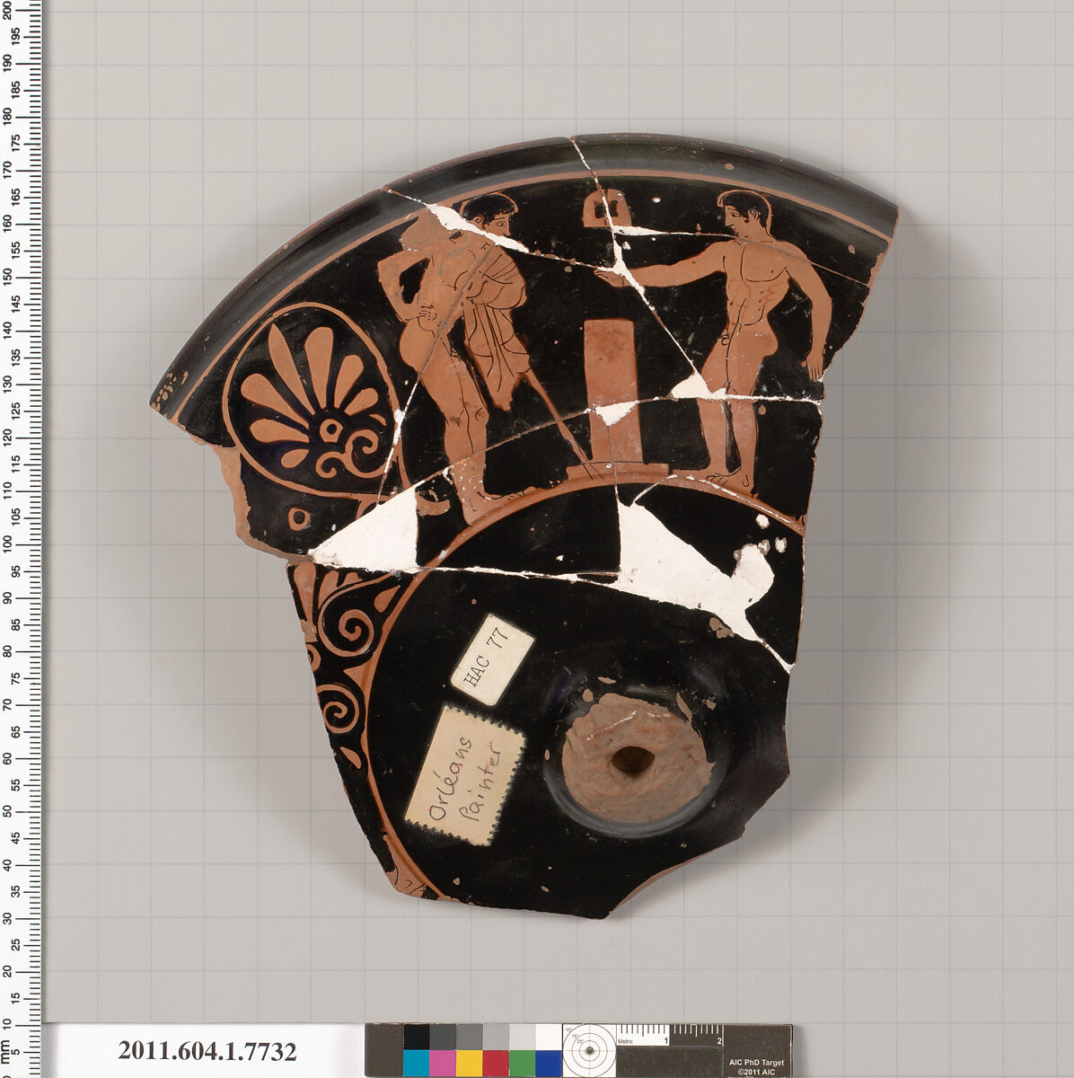 Terracotta fragment of a kylix (drinking cup), Attributed to the Orleans Painter [DvB], Terracotta, Greek, Attic