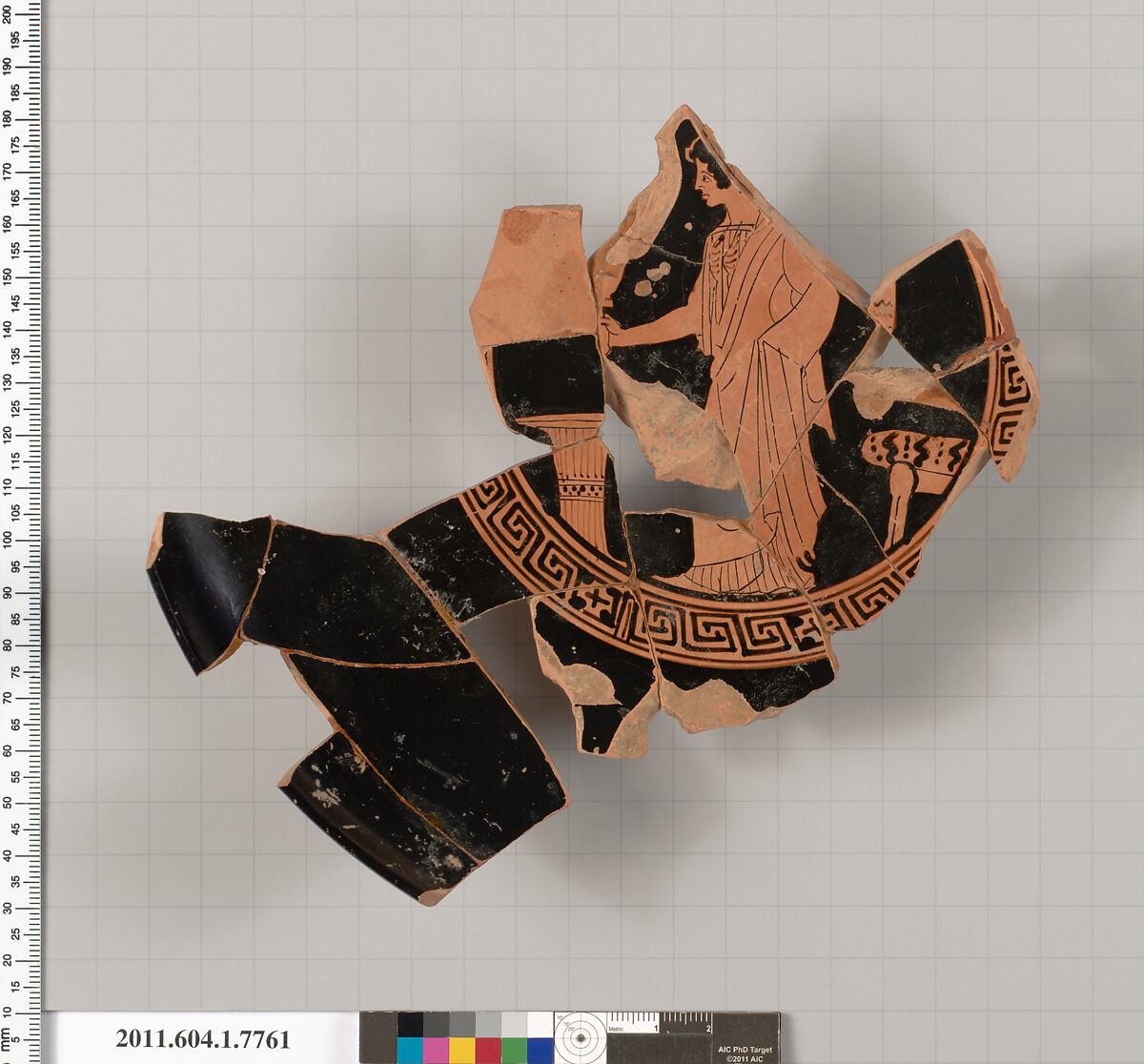 Terracotta fragment of a kylix (drinking cup), Attributed to the Orleans Painter [DvB], Terracotta, Greek, Attic 