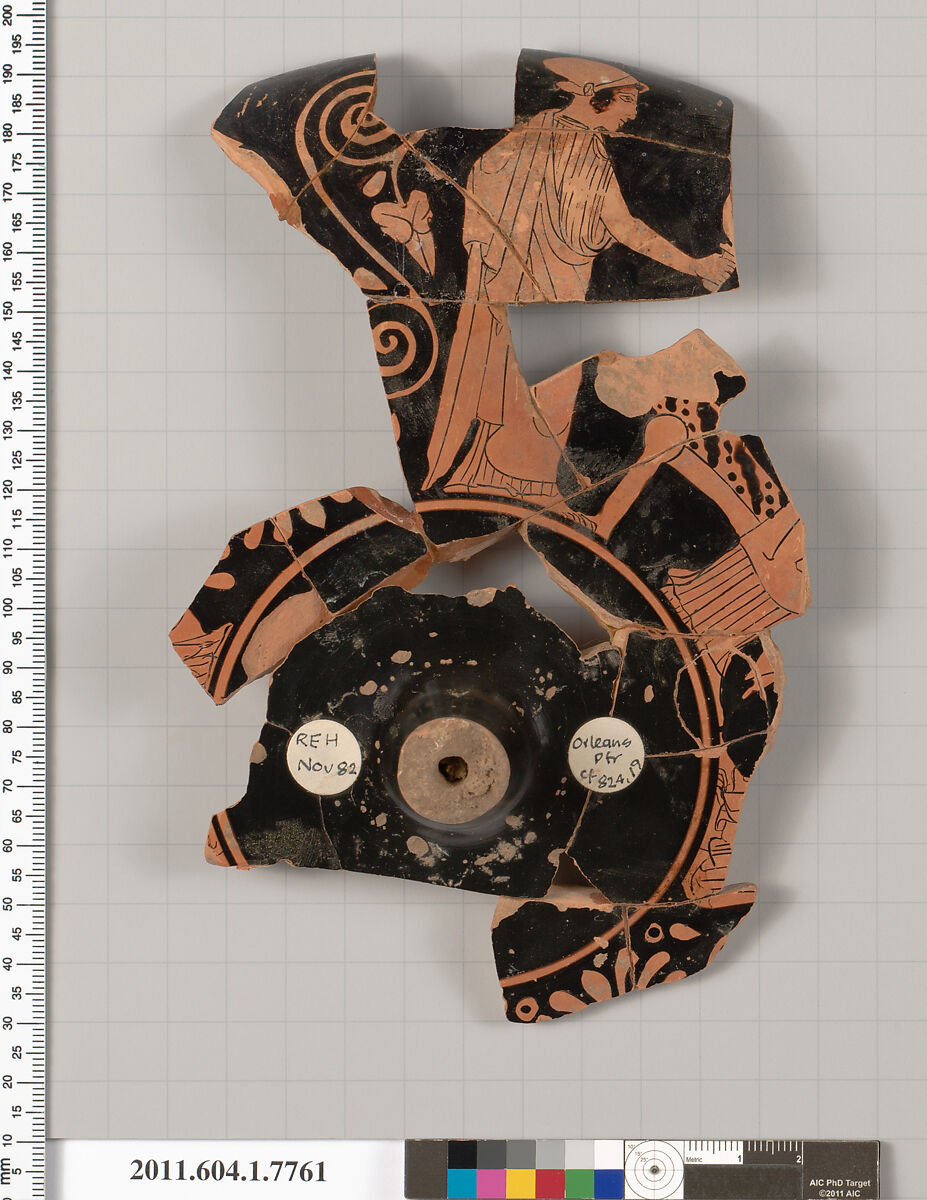 Terracotta fragment of a kylix (drinking cup), Attributed to the Orleans Painter [DvB], Terracotta, Greek, Attic