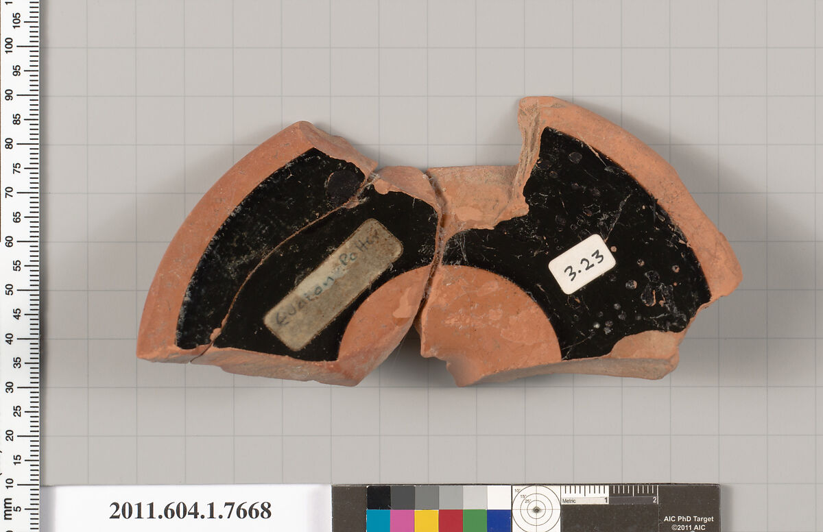 Terracotta fragment of a kylix (drinking cup), Attributed to Euaion, potter [DvB], Terracotta, Greek, Attic