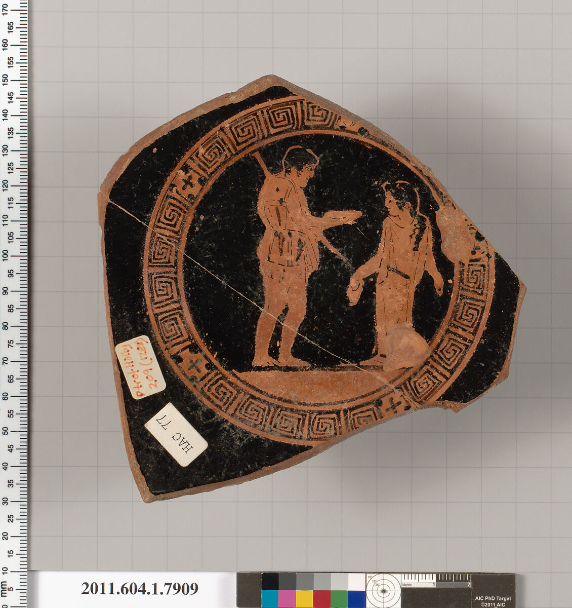 Terracotta fragment of a kylix (drinking cup), Attributed to the Painter of Heidelberg 209 [DvB], Terracotta, Greek, Attic 