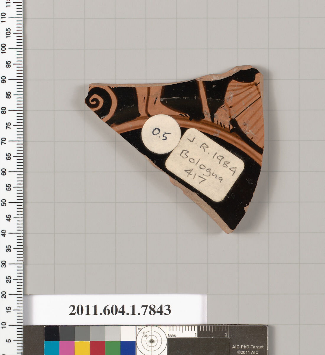 Terracotta fragment of a kylix (drinking cup), Attributed to the Painter of Bologna 417 [DvB], Terracotta, Greek, Attic