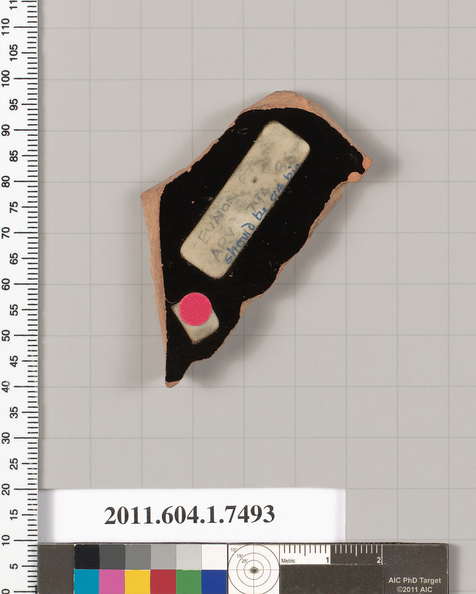 Terracotta fragment of a kylix (drinking cup), Attributed to the Euaion Painter [DvB], Terracotta, Greek, Attic