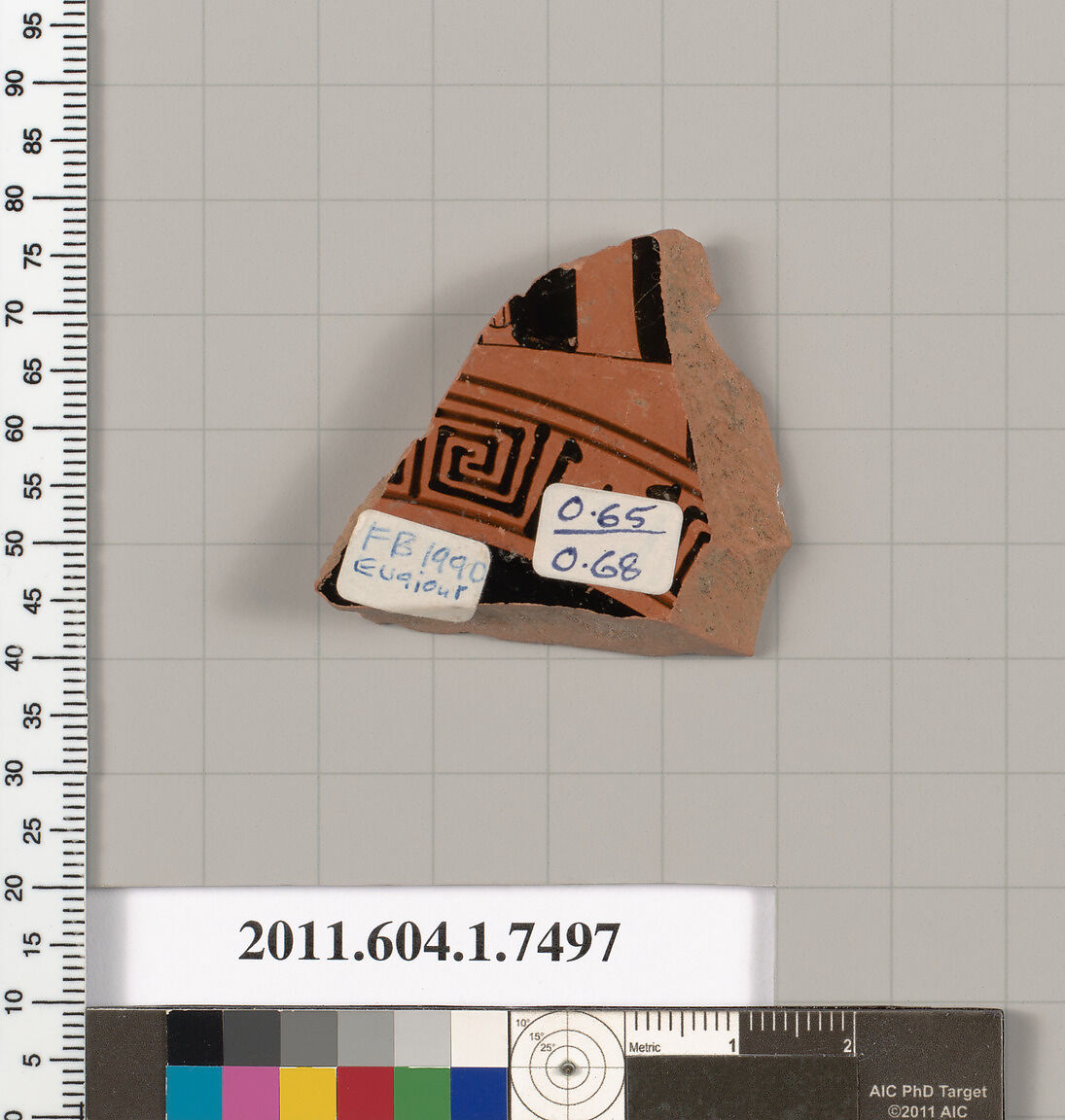 Terracotta fragment of a kylix (drinking cup), Attributed to the Euaion Painter [DvB], Terracotta, Greek, Attic