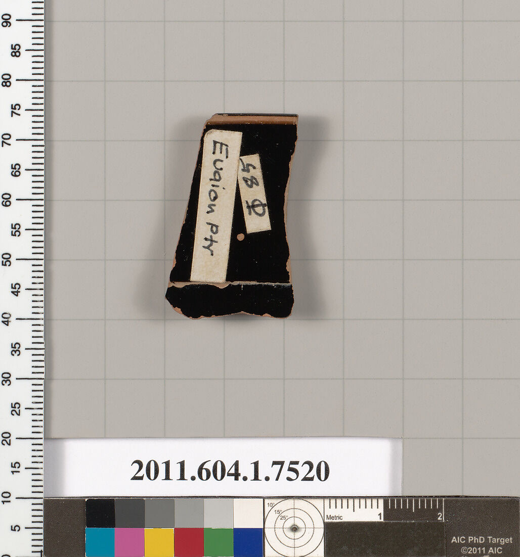 Terracotta rim fragment of a kylix (drinking cup), Attributed to the Euaion Painter [DvB], Terracotta, Greek, Attic