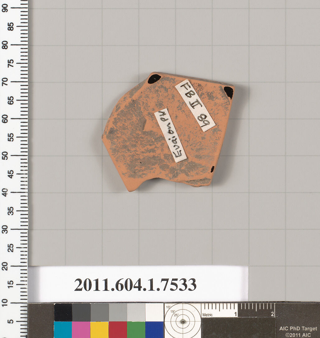 Terracotta fragment of a kylix (drinking cup), Attributed to the Euaion Painter [DvB], Terracotta, Greek, Attic