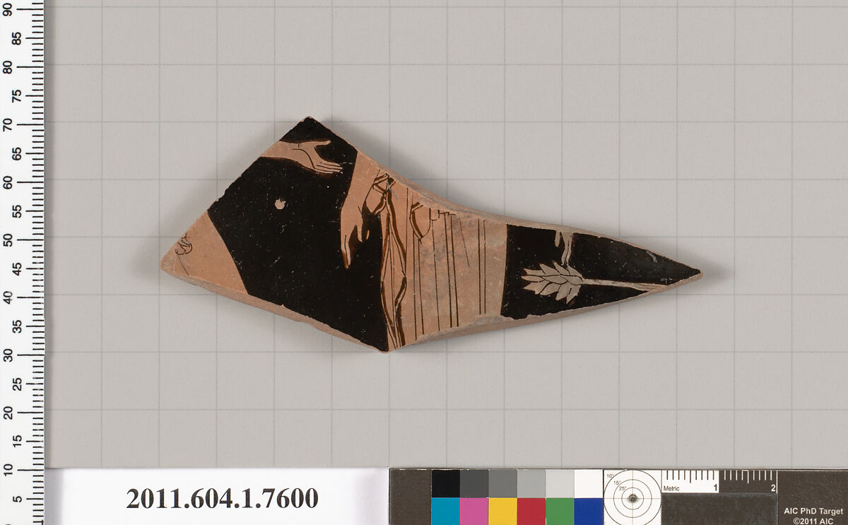 Terracotta fragment of a kylix (drinking cup), Attributed to the Euaion Painter ? [DvB], Terracotta, Greek, Attic 