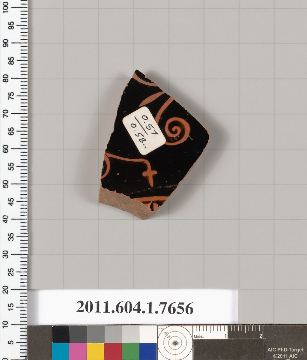 Terracotta fragment of a kylix (drinking cup), Attributed to the Euaion Painter [DvB], Terracotta, Greek, Attic