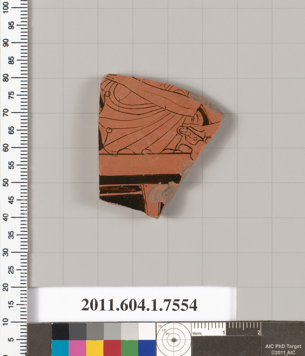 Terracotta fragment of a kylix (drinking cup), Attributed to the Euaion Painter [DvB], Terracotta, Greek, Attic