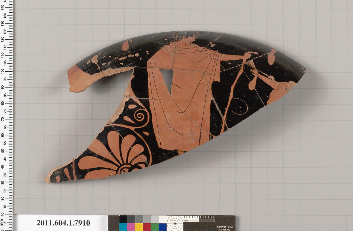Terracotta fragment of a kylix (drinking cup), Attributed to the Penthesilea Painter [DvB], Terracotta, Greek, Attic