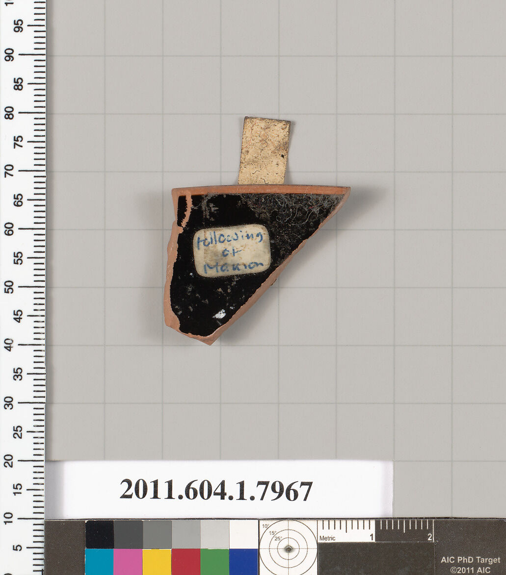 Terracotta fragment of a kylix (drinking cup), Attributed as Follower of Makron [DvB], Terracotta, Greek, Attic