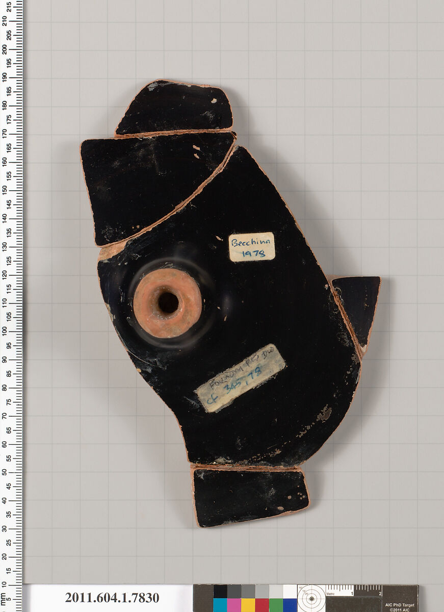 Terracotta fragment of a kylix (drinking cup), Attributed to the Foundry Painter [DvB], Terracotta, Greek, Attic