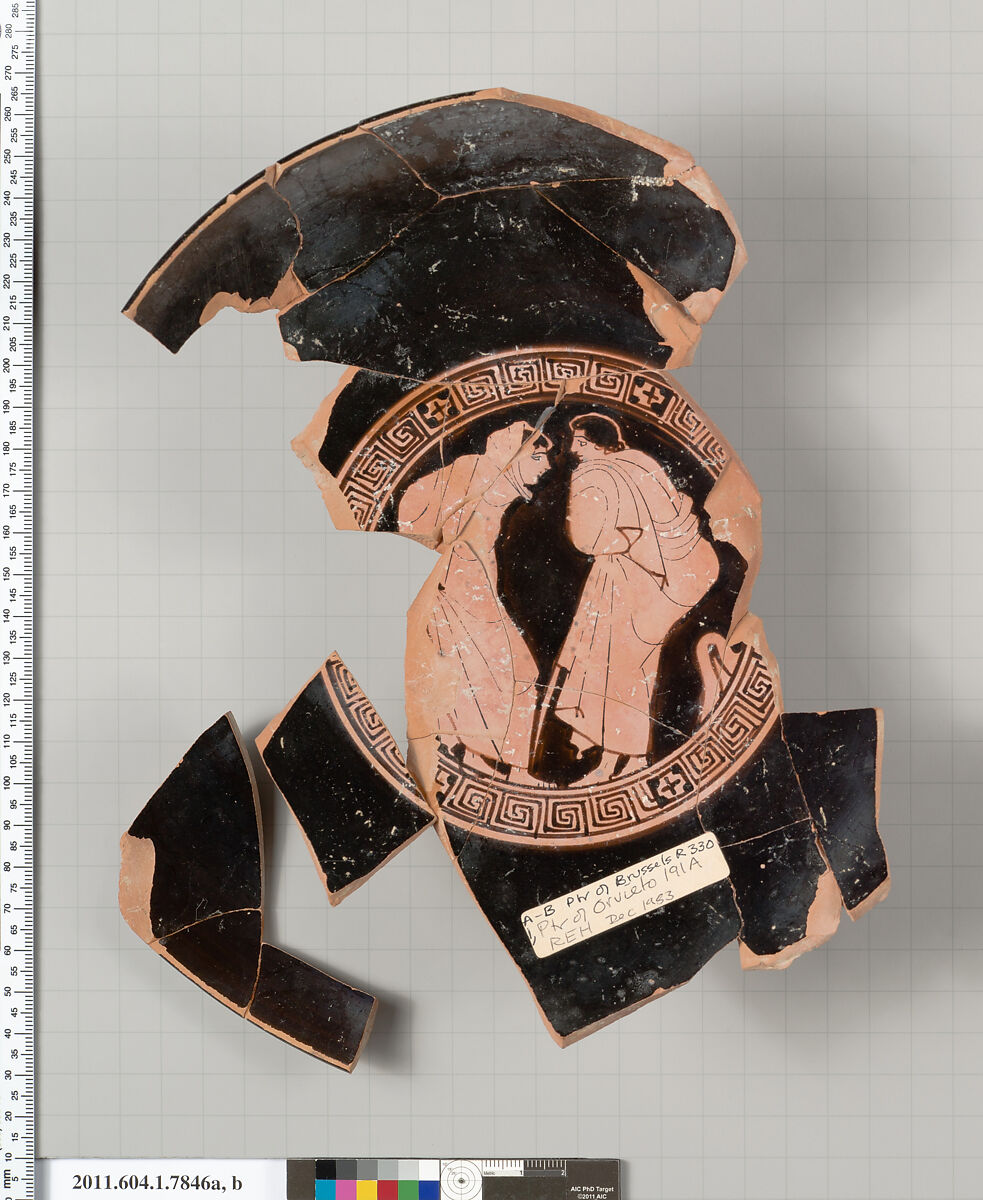 Terracotta fragments of a kylix (drinking cup), Attributed to the Painter of Brussels R 330, Terracotta, Greek, Attic