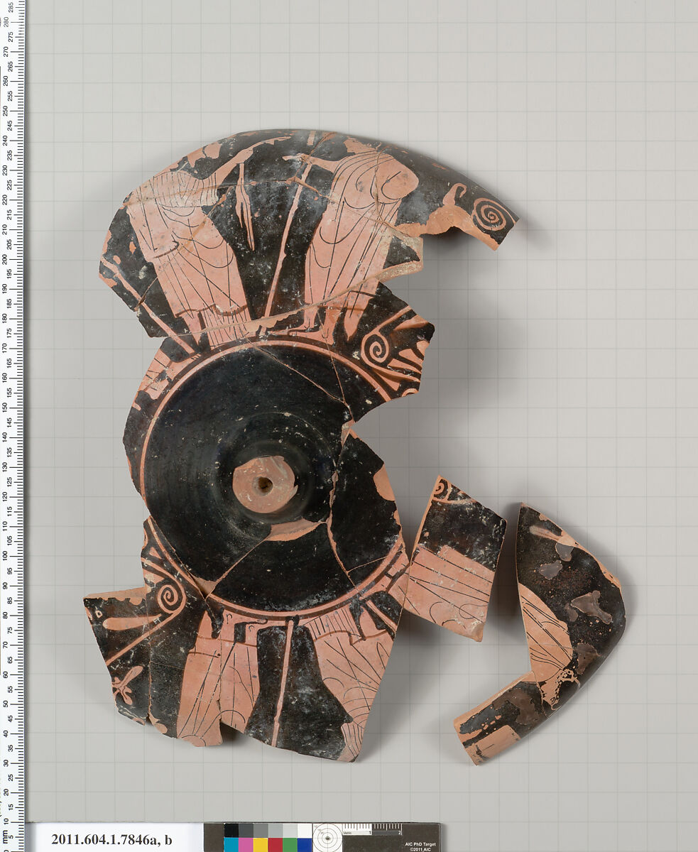 Terracotta fragments of a kylix (drinking cup), Attributed to the Painter of Brussels R 330, Terracotta, Greek, Attic