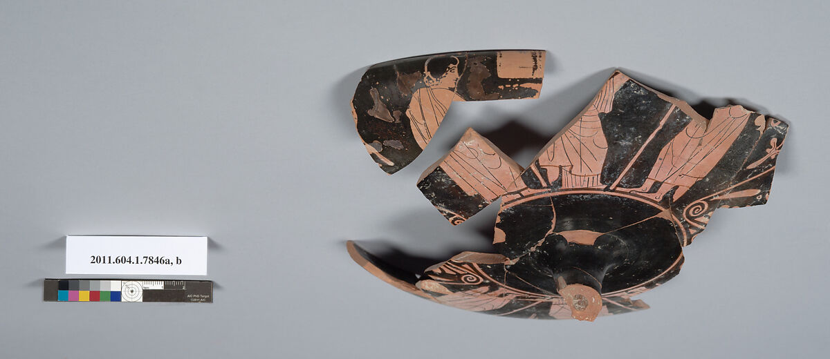 Terracotta fragments of a kylix (drinking cup), Attributed to the Painter of Brussels R 330, Terracotta, Greek, Attic