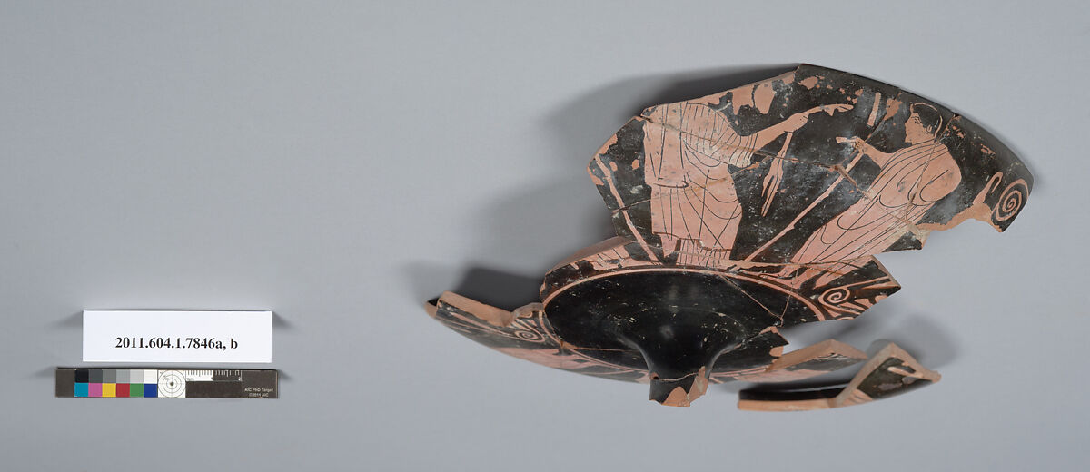 Terracotta fragments of a kylix (drinking cup), Attributed to the Painter of Brussels R 330, Terracotta, Greek, Attic