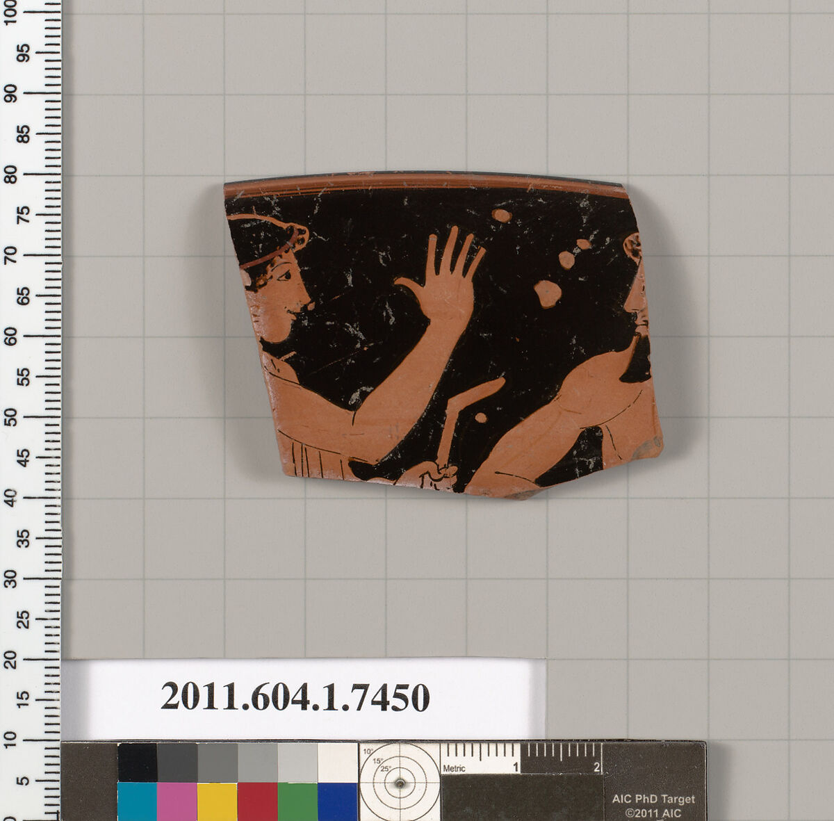 Terracotta rim fragment of a kylix (drinking cup), Attributed to Hermonax [DvB], Terracotta, Greek, Attic 