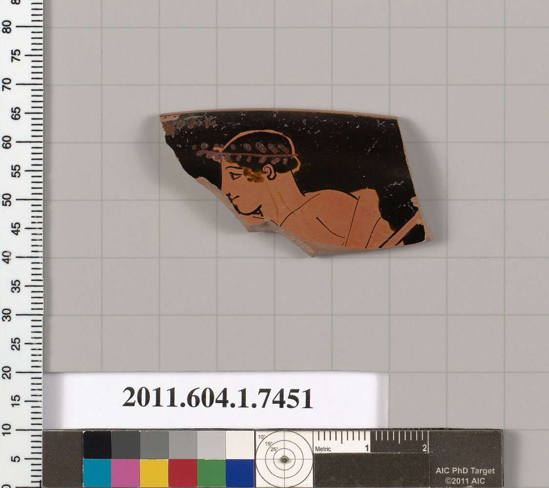 Terracotta rim fragment of a kylix (drinking cup), Attributed to Hermonax [DvB], Terracotta, Greek, Attic 