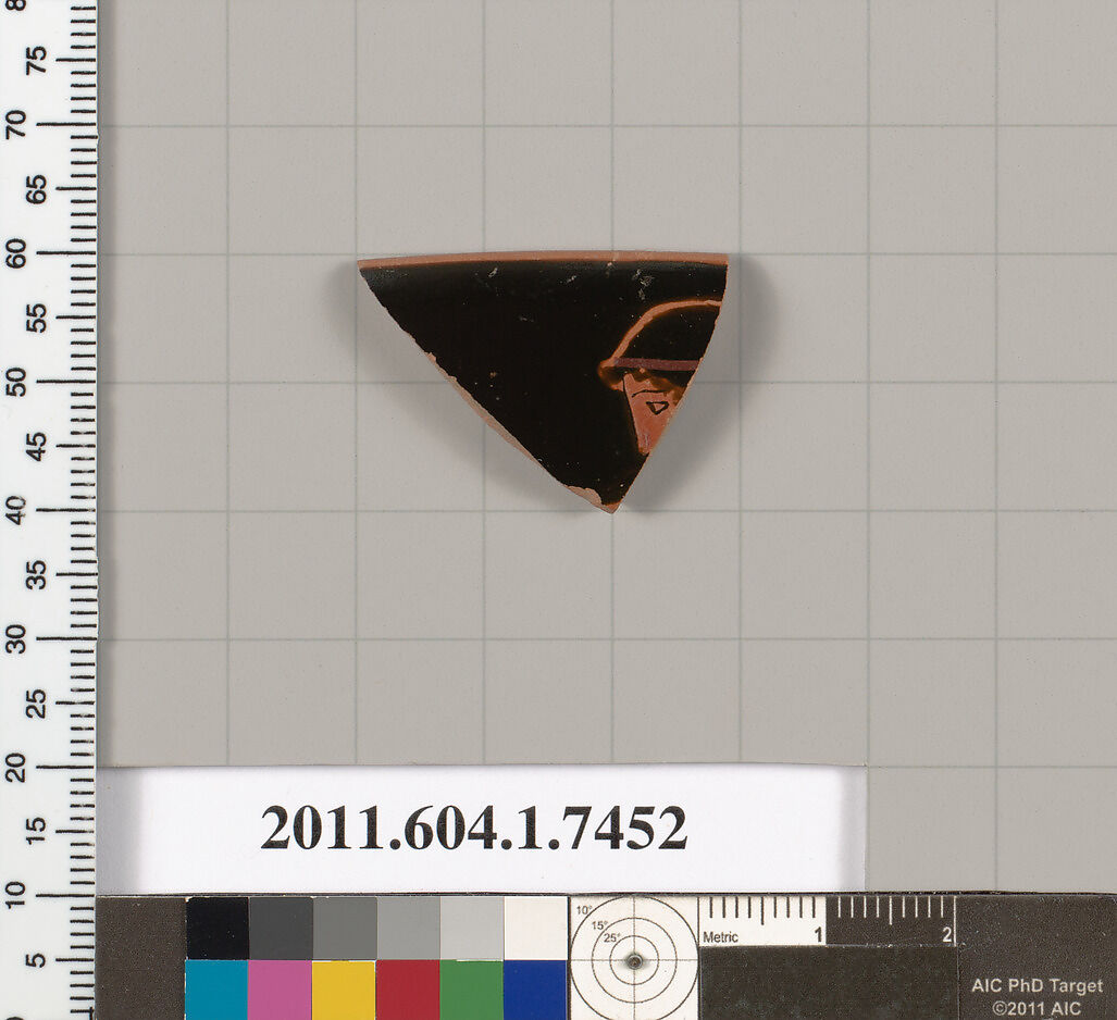 Terracotta rim fragment of a kylix (drinking cup), Attributed to Hermonax [DvB], Terracotta, Greek, Attic 