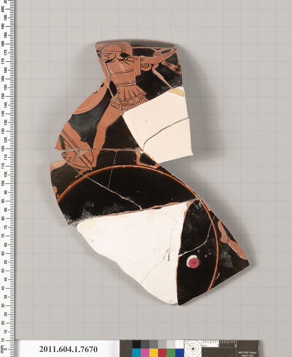 Terracotta fragment of a kylix (drinking cup), Attributed to the Boot Painter [DvB], Terracotta, Greek, Attic