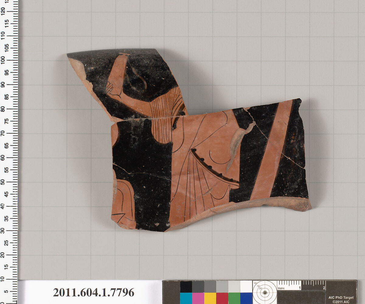 Terracotta rim fragment of a kylix (drinking cup), Attributed to the Boot Painter [DvB], Terracotta, Greek, Attic 