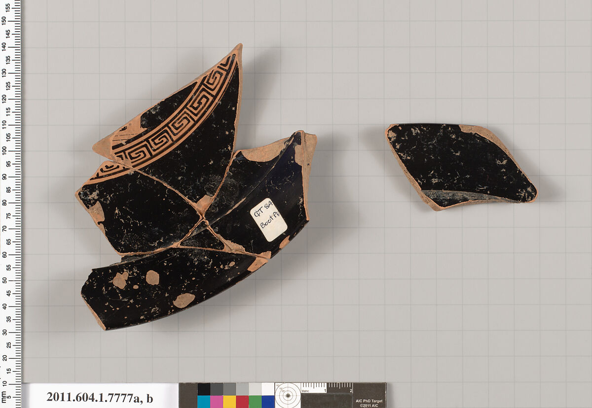 Terracotta rim fragments of a kylix (drinking cup), Attributed to the Boot Painter [DvB], Terracotta, Greek, Attic 