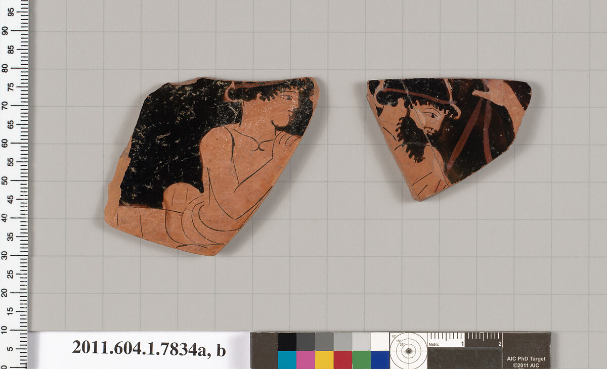 Terracotta fragments of a kylix (drinking cup), Attributed to the Painter of London D 12 [DvB], Terracotta, Greek, Attic