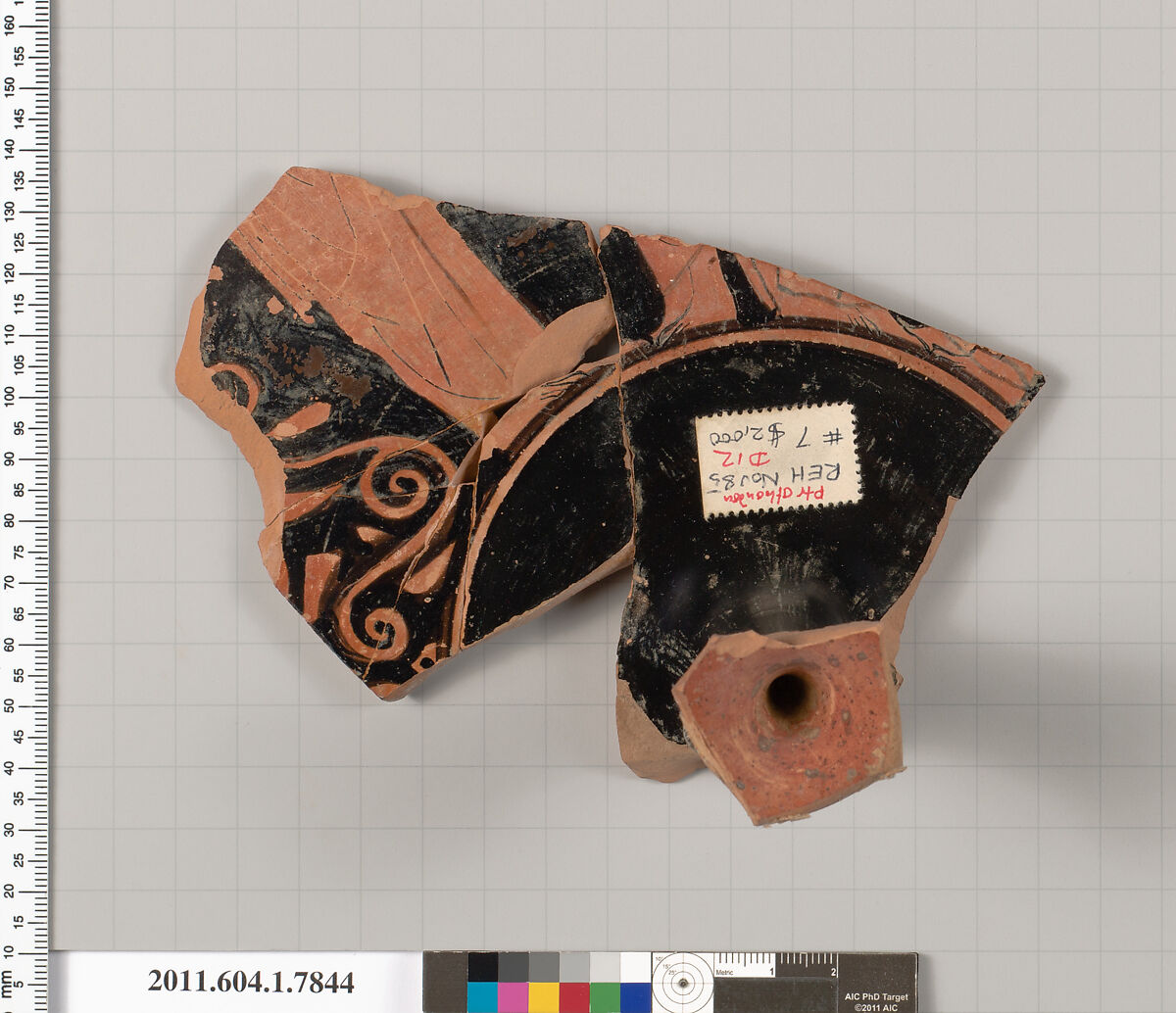 Terracotta fragment of a kylix (drinking cup), Attributed to the Painter of London D 12 [DvB], Terracotta, Greek, Attic