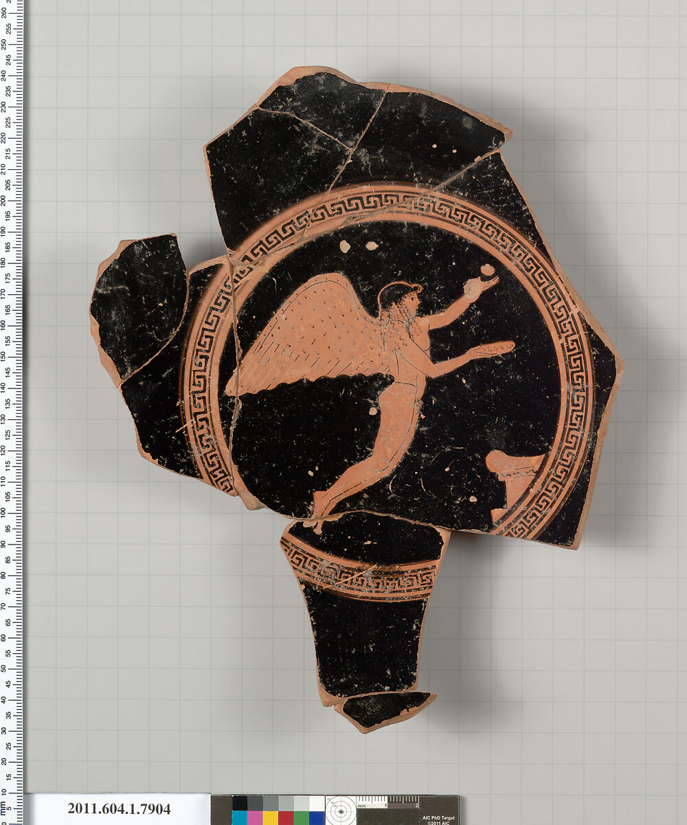 Terracotta fragment of a kylix (drinking cup), Attributed to the Painter of London D 12 [DvB], Terracotta, Greek, Attic 