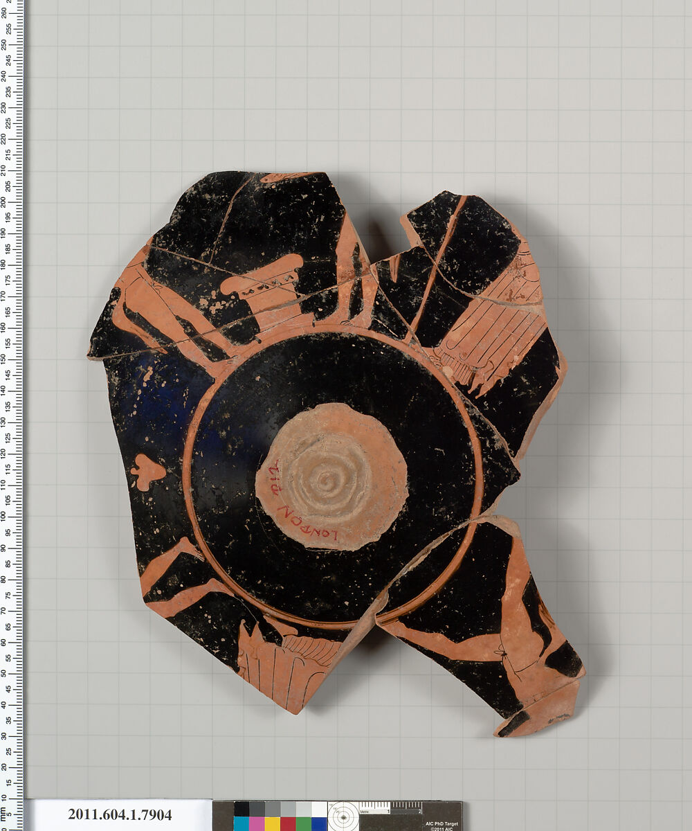 Terracotta fragment of a kylix (drinking cup), Attributed to the Painter of London D 12 [DvB], Terracotta, Greek, Attic