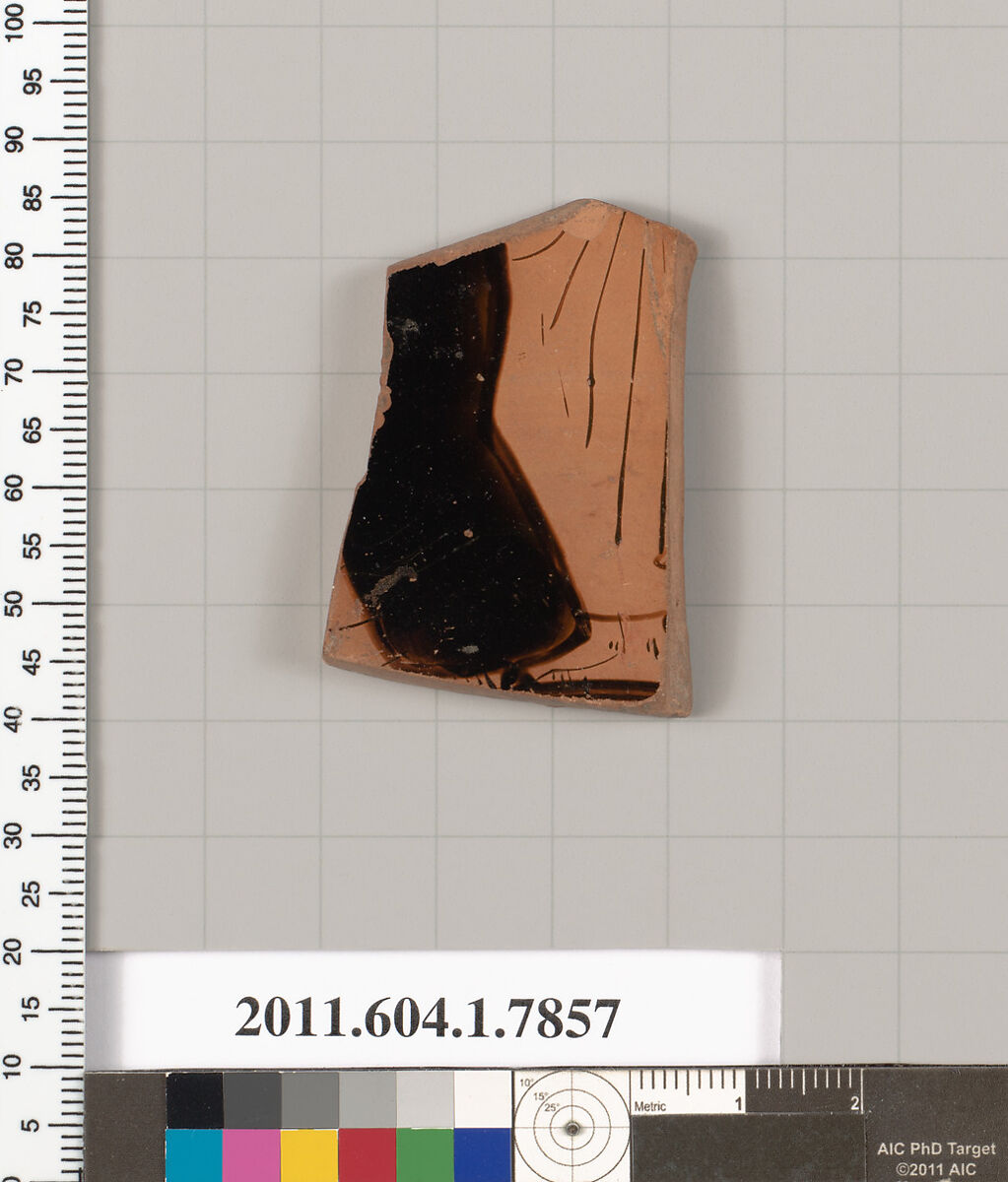 Terracotta fragment of a kylix (drinking cup), Attributed to the Calliope Painter [DvB], Terracotta, Greek, Attic