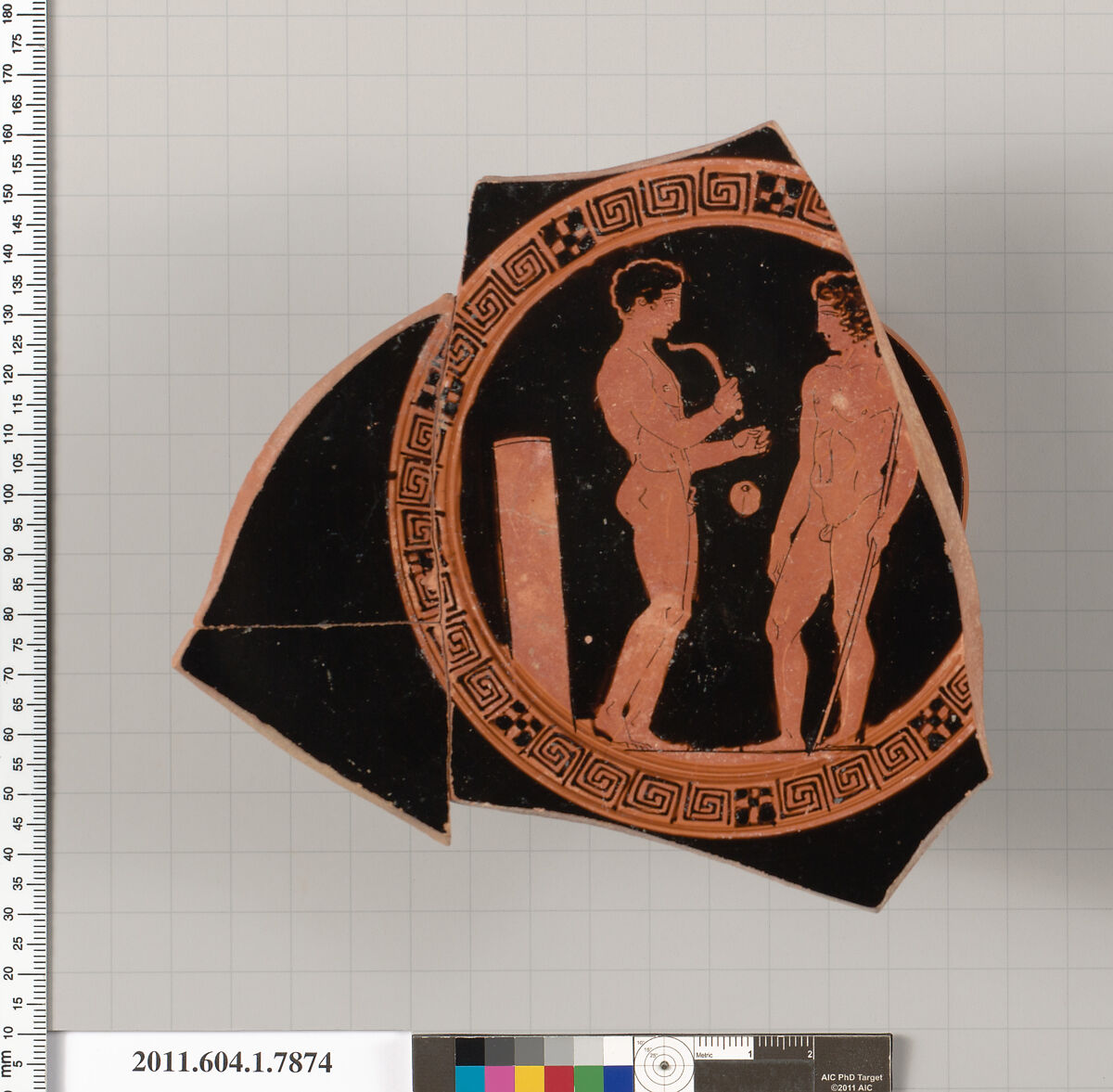 Terracotta fragment of a kylix (drinking cup), Attributed to Aison [Robert Guy], Terracotta, Greek, Attic 