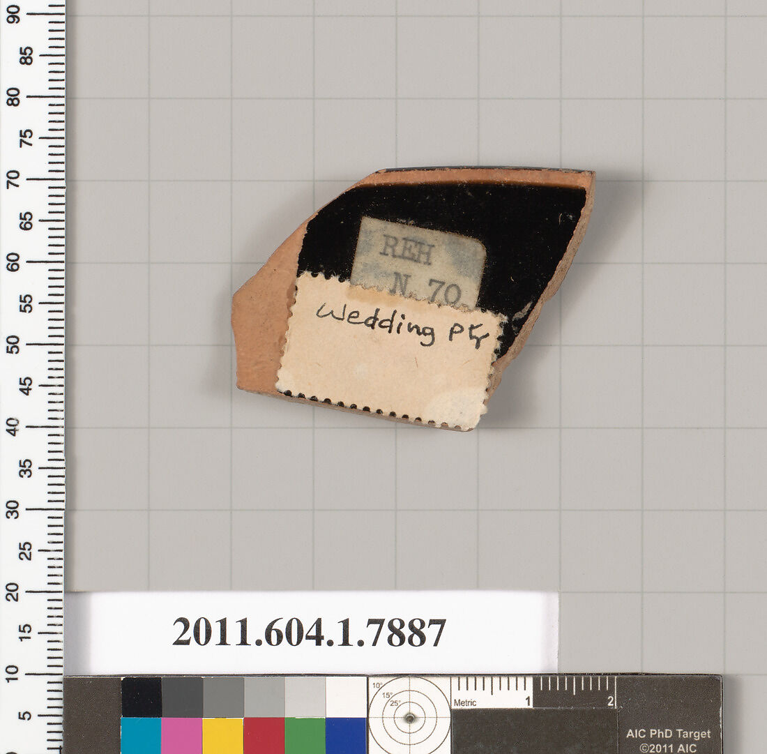 Terracotta rim fragment of a kylix (drinking cup), Attributed to the Wedding Painter [DvB], Terracotta, Greek, Attic