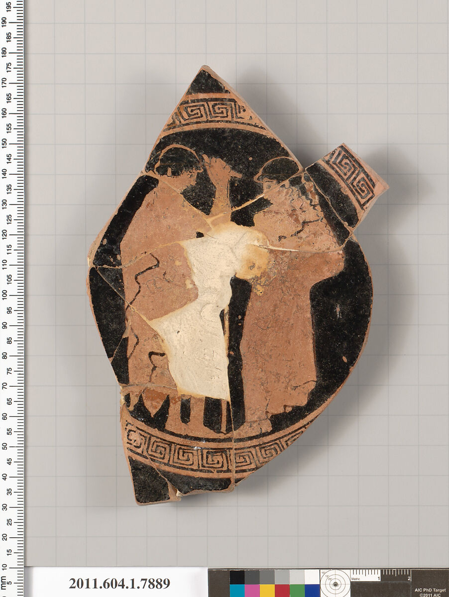 Terracotta fragment of a kylix (drinking cup), Attributed to the Wedding Painter [DvB], Terracotta, Greek, Attic 