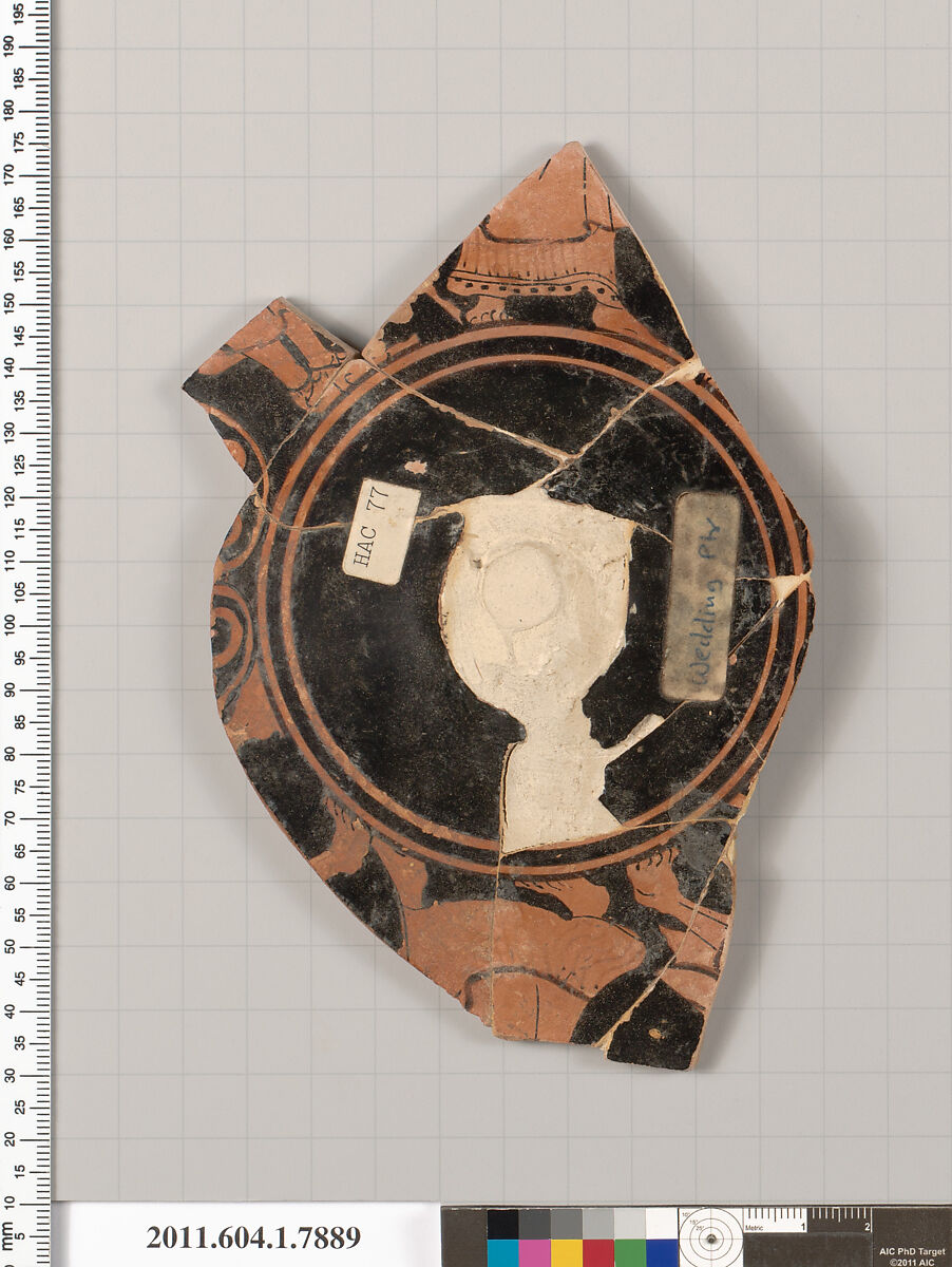Terracotta fragment of a kylix (drinking cup), Attributed to the Wedding Painter [DvB], Terracotta, Greek, Attic