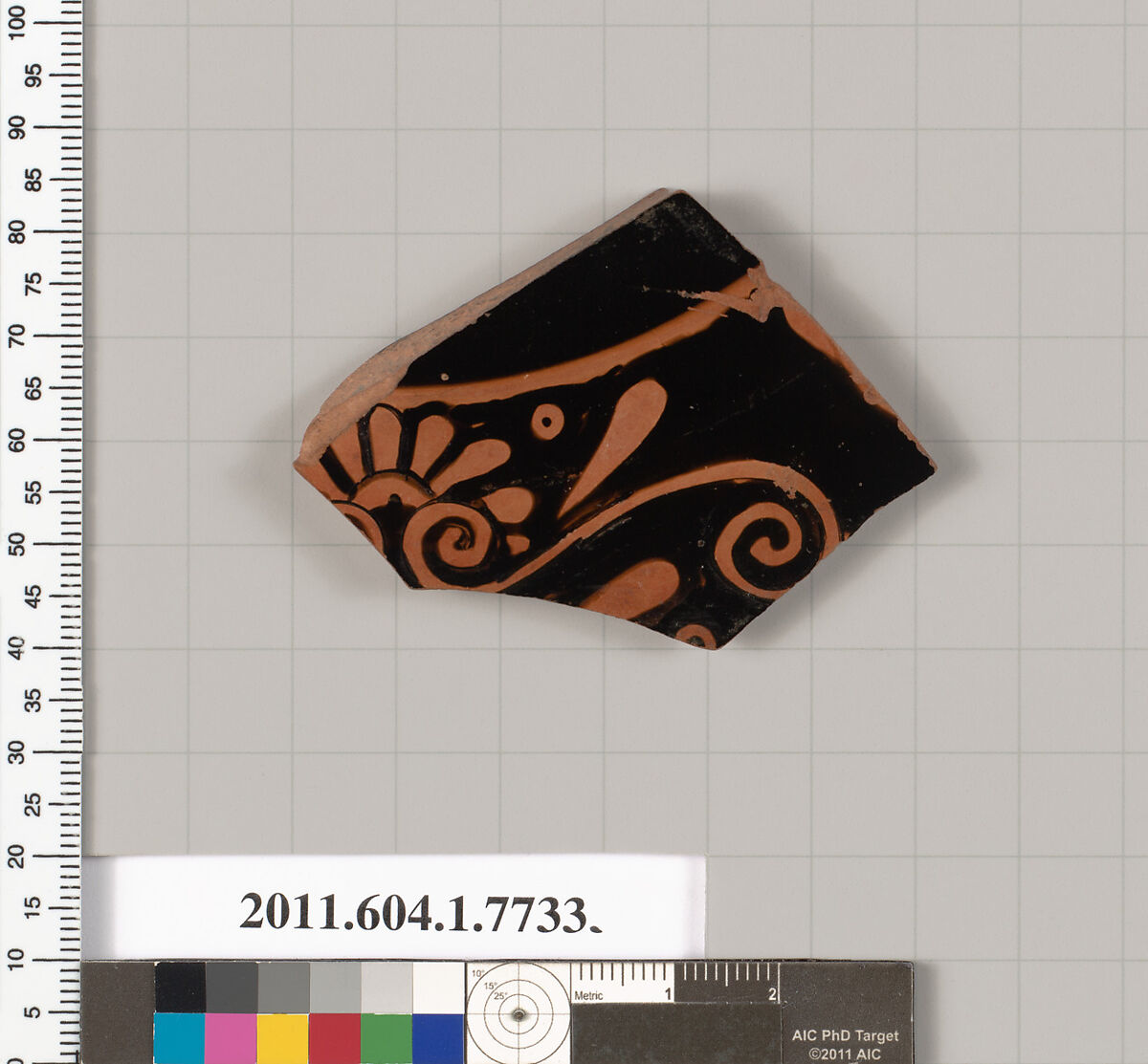 Terracotta fragment of a kylix (drinking cup), Attributed to the Painter of London E 100 [DvB], Terracotta, Greek, Attic