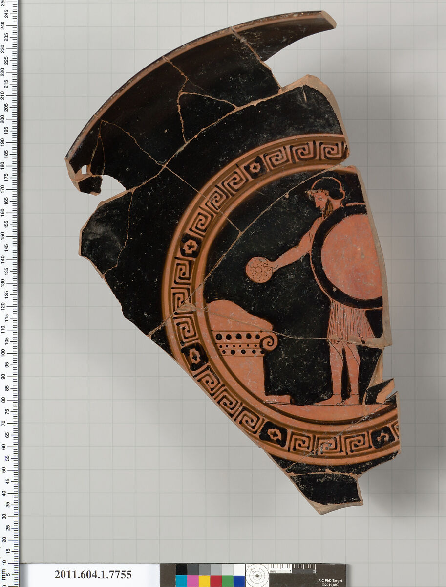 Terracotta fragment of a kylix (drinking cup), Attributed to the Lyandros Painter [DvB], Terracotta, Greek, Attic 