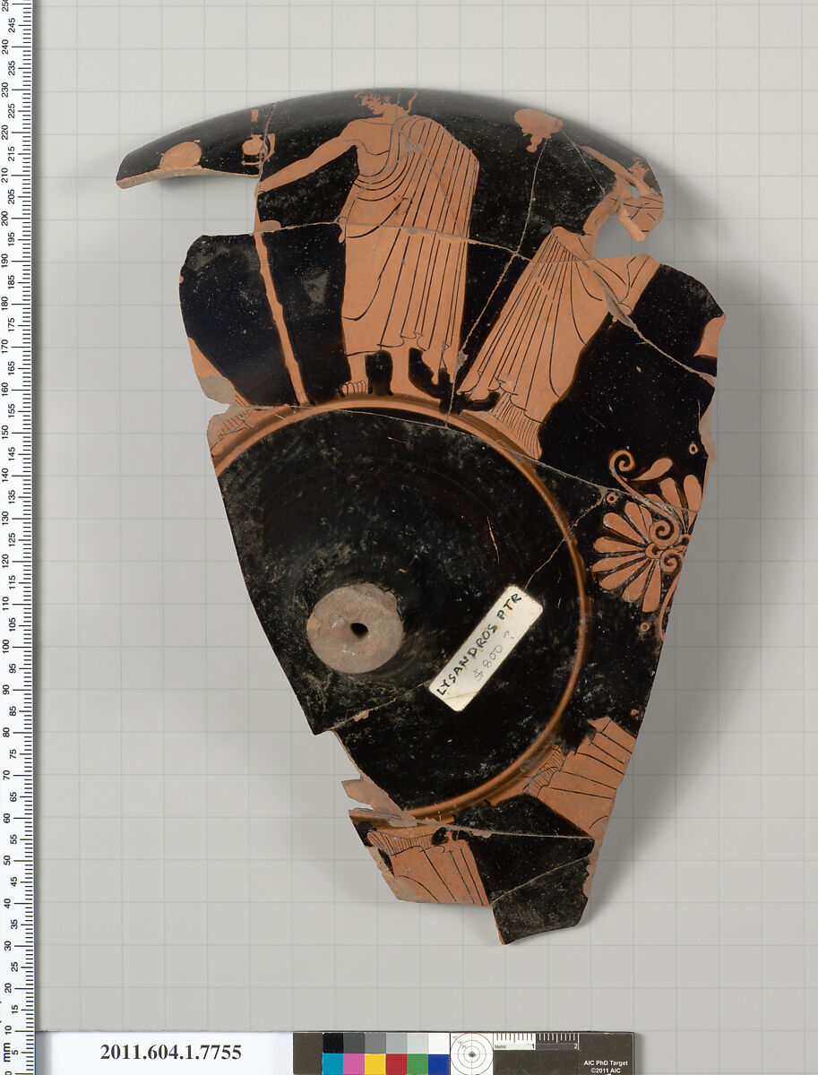 Terracotta fragment of a kylix (drinking cup), Attributed to the Lyandros Painter [DvB], Terracotta, Greek, Attic