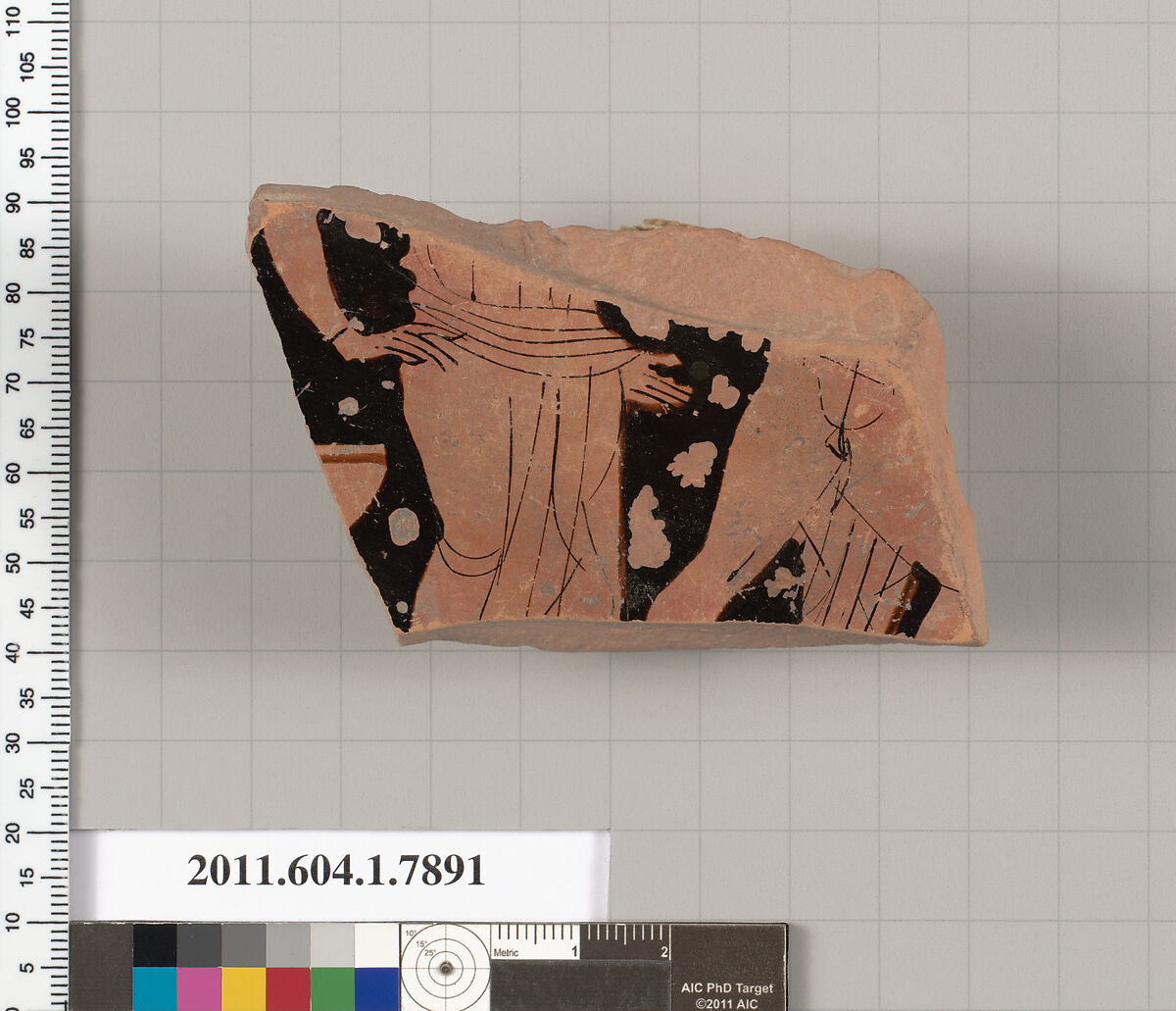 Terracotta fragment of a kylix (drinking cup), Attributed to the Painter of London E 777 [DvB], Terracotta, Greek, Attic 