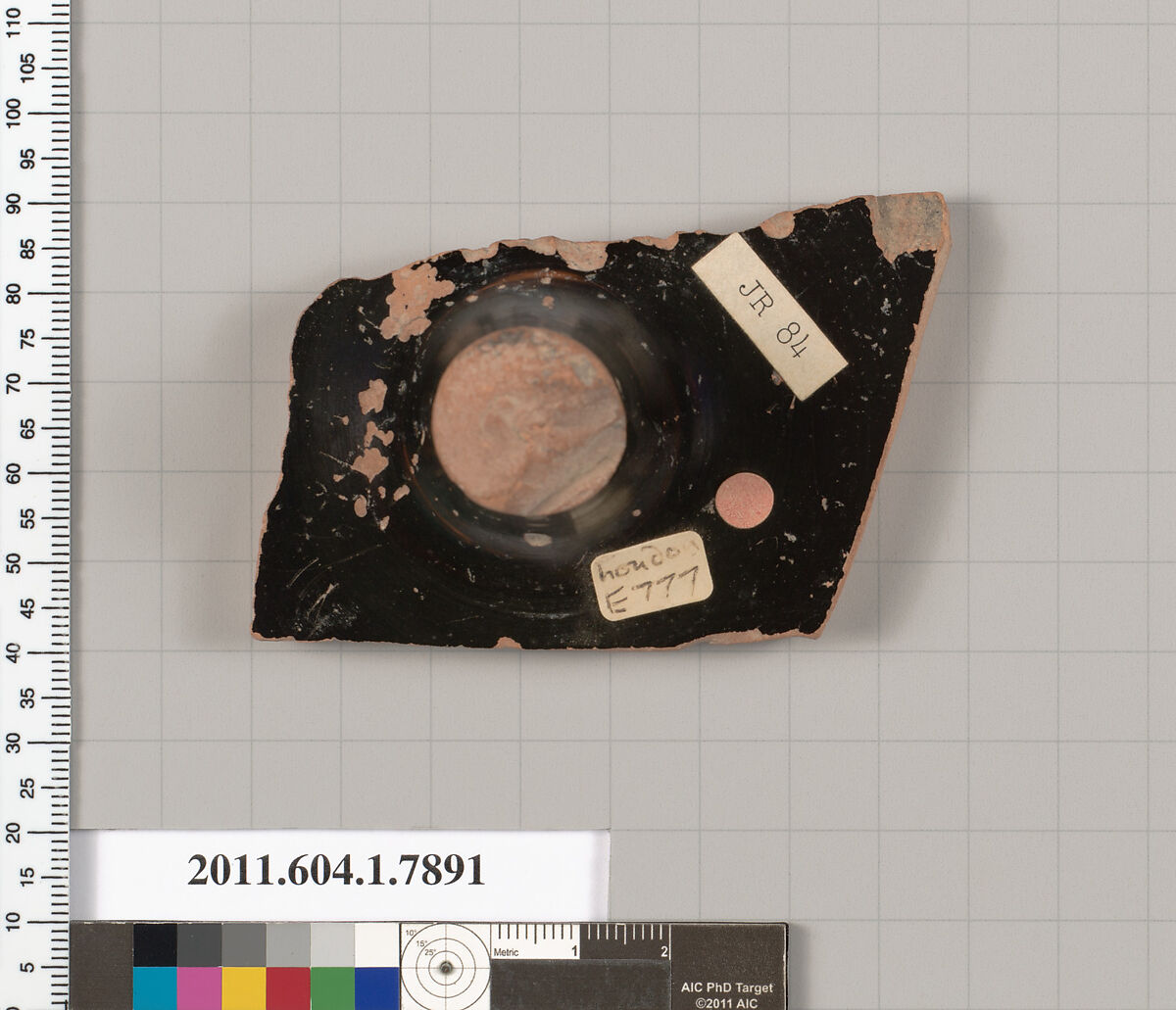 Terracotta fragment of a kylix (drinking cup), Attributed to the Painter of London E 777 [DvB], Terracotta, Greek, Attic