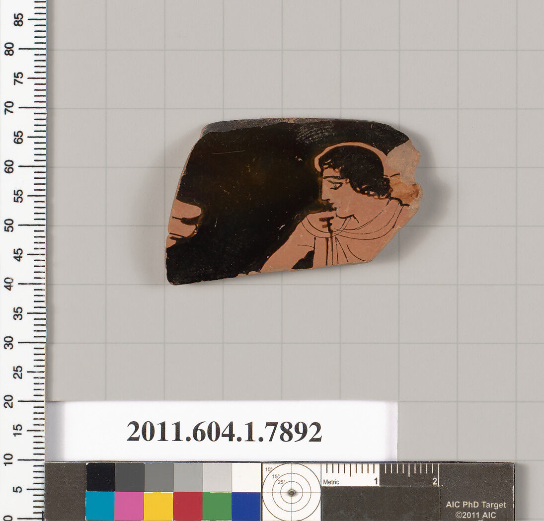 Terracotta rim fragment of a kylix (drinking cup), Attributed to the Painter of London E 777 [DvB], Terracotta, Greek, Attic 