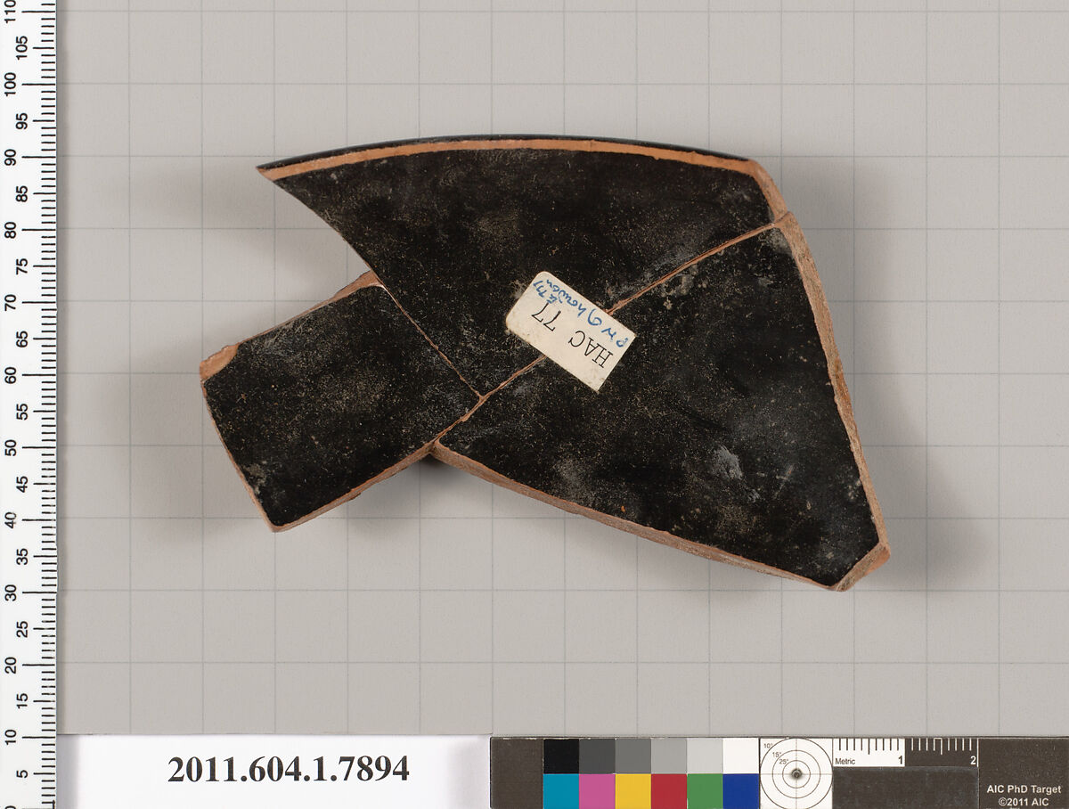 Terracotta rim fragment of a kylix (drinking cup), Attributed to the Painter of London E 777 [DvB], Terracotta, Greek, Attic