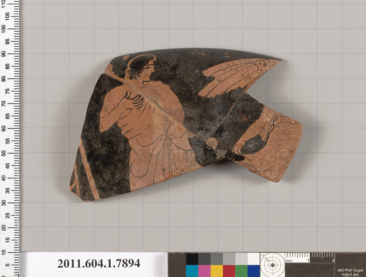 Terracotta rim fragment of a kylix (drinking cup), Attributed to the Painter of London E 777 [DvB], Terracotta, Greek, Attic 