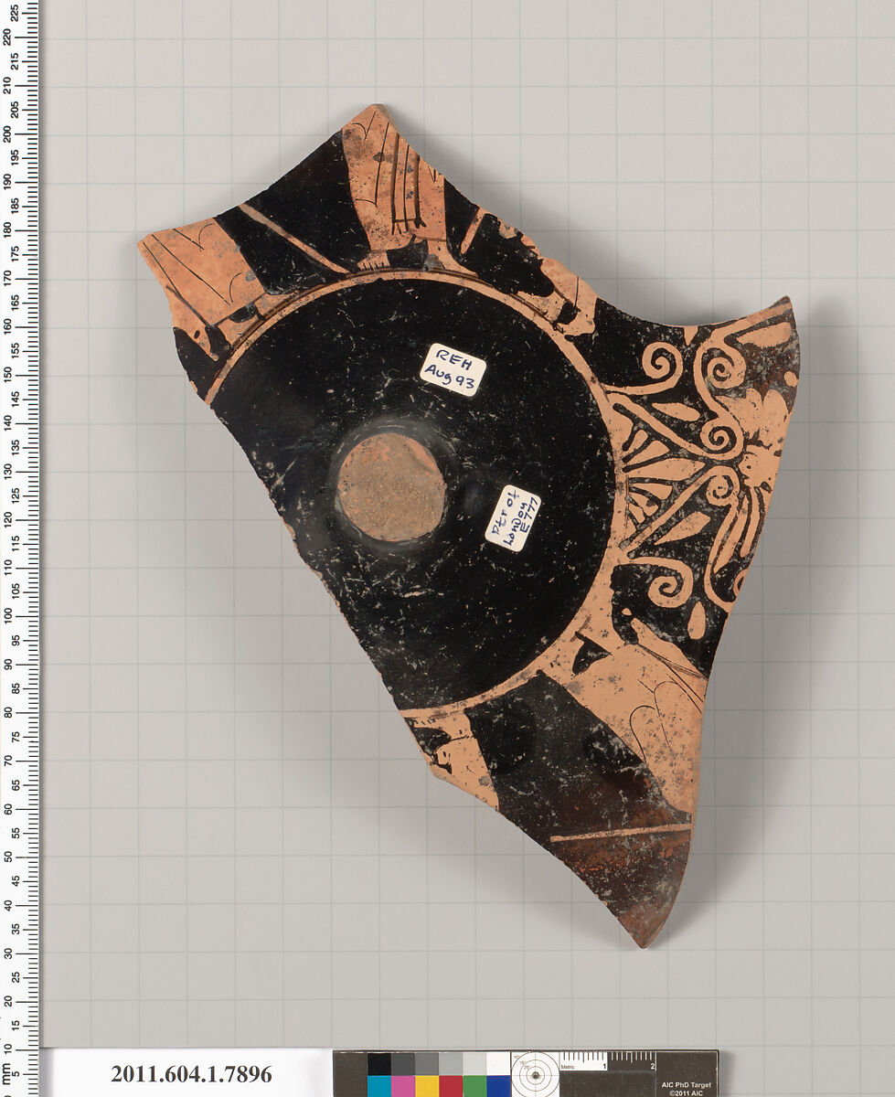 Terracotta fragment of a kylix (drinking cup), Attributed to the Painter of London E 777 [DvB], Terracotta, Greek, Attic