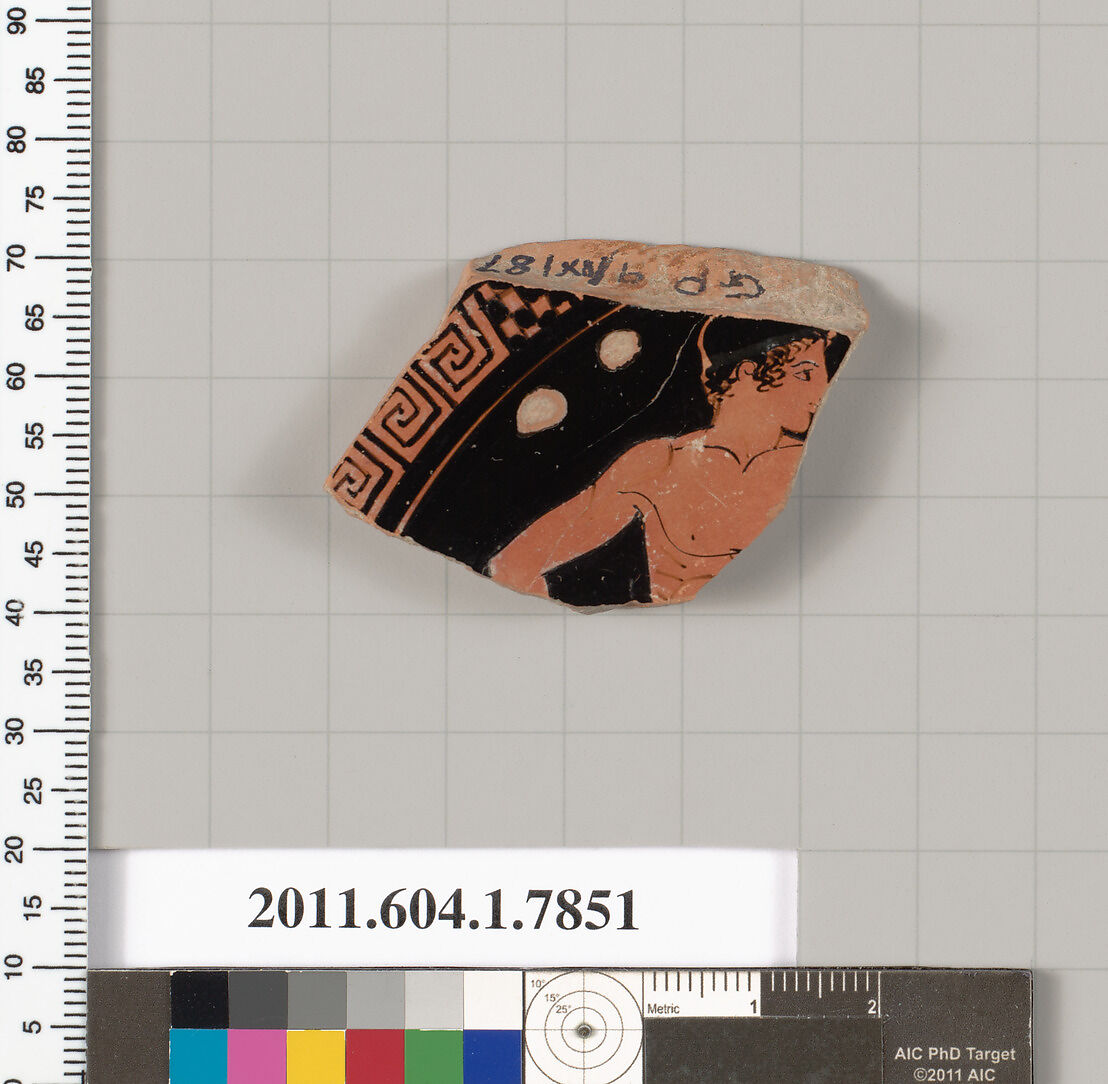 Terracotta fragment of a kylix (drinking cup), Attributed to the Eretria Painter [DvB], Terracotta, Greek, Attic 