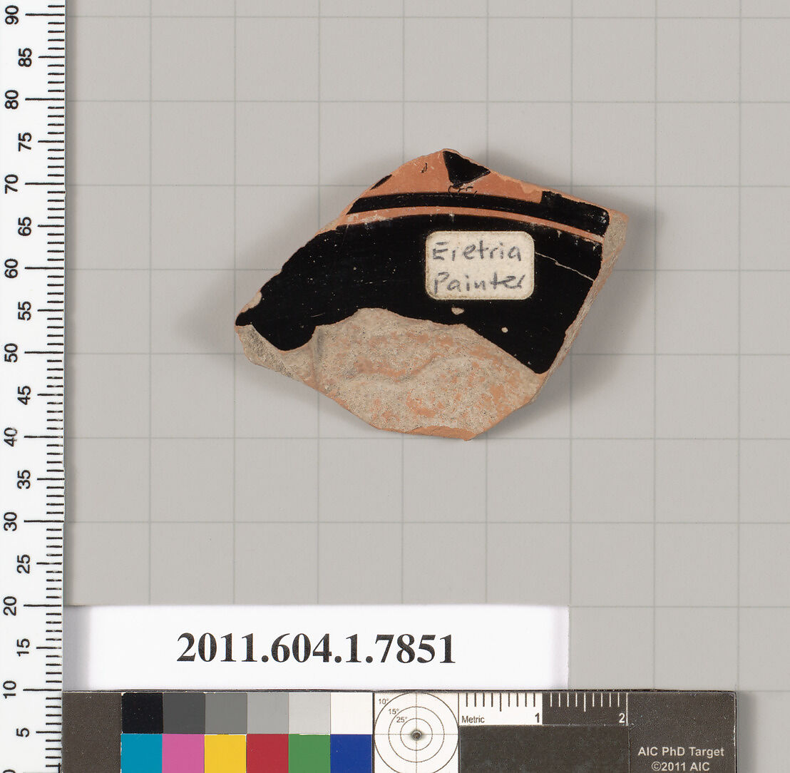 Terracotta fragment of a kylix (drinking cup), Attributed to the Eretria Painter [DvB], Terracotta, Greek, Attic